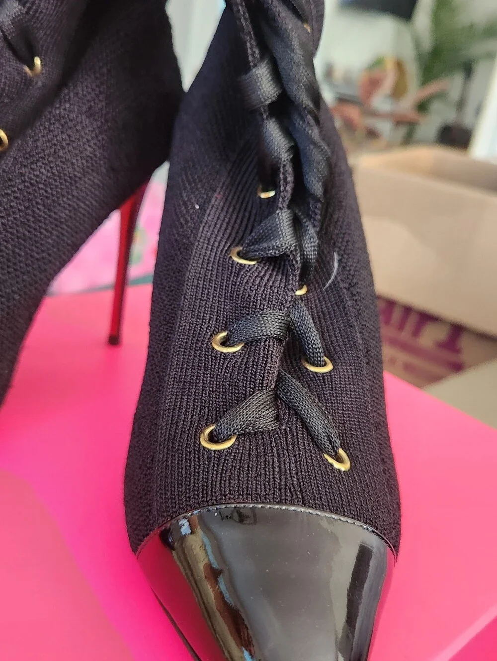 Christian Louboutin Frenchie 100 Black Knit Patent Lace-Up Ankle Boots 37